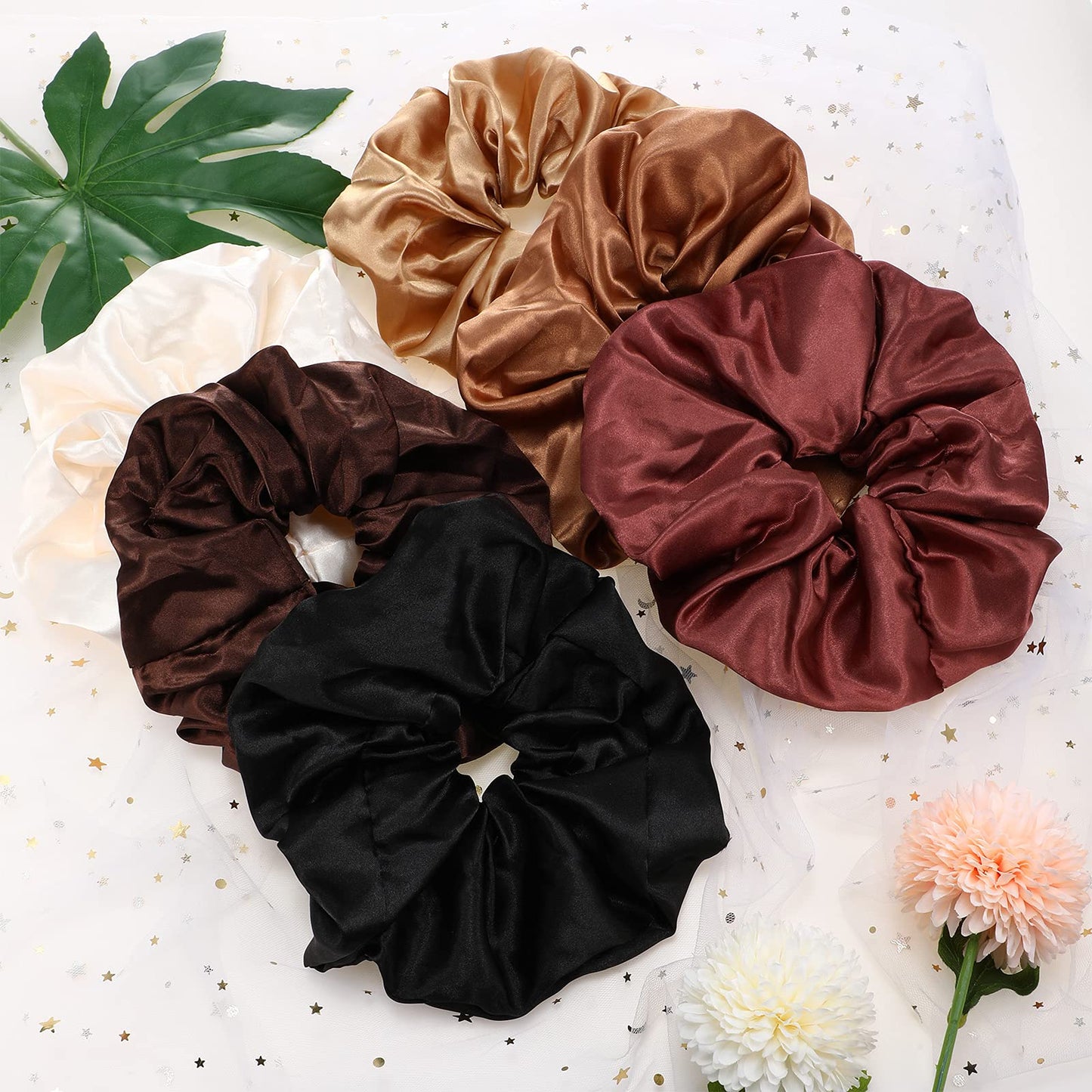 Chuangdi 6 Pieces Big Satin Scrunchies for Women, Jumbo Silk Scrunchies Thick Elastic Jumbo Hair Scrunchies(White, Red Brown, Black, Light Coffee, Dark Coffee, Brown)