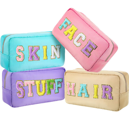 Remerry 4 Pcs Makeup Bag Travel Cosmetic Bag Organization Chenille Letter Toiletries Stuff Pouch Preppy Waterproof Bag Gift for Women Girl Teen (Colorful,Face Skin Hair Stuff)