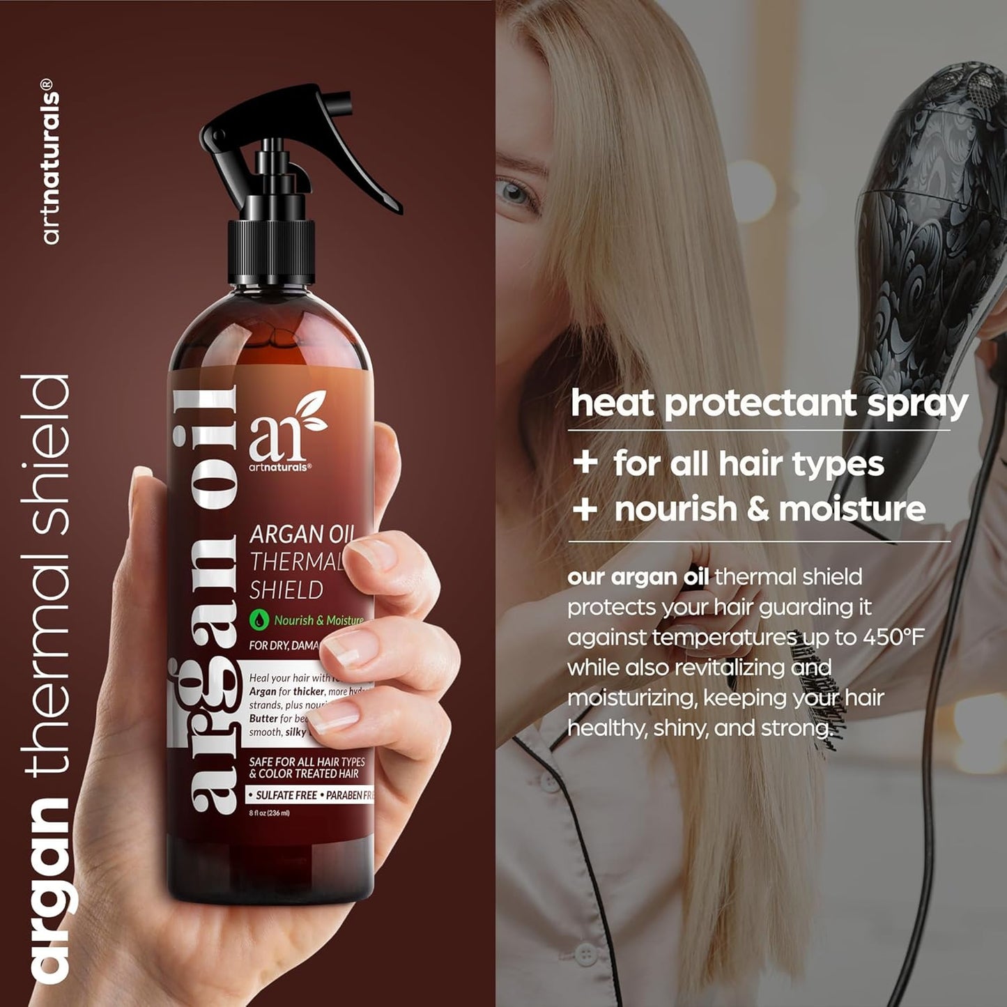 Artnaturals Thermal Hair Protector Spray - Heat Protectant with Argan Oil - 8 Fl Oz | Prevents Damage & Split Ends