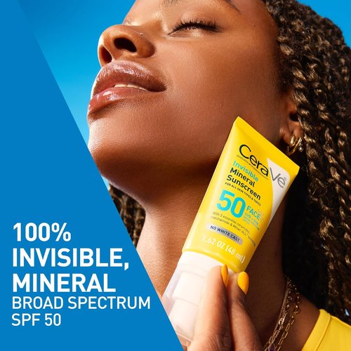 CeraVe Invisible Mineral Sunscreen SPF 50 - Sensitive Skin Face Protection with Zinc Oxide & Ceramides | Travel Size 1.62 oz