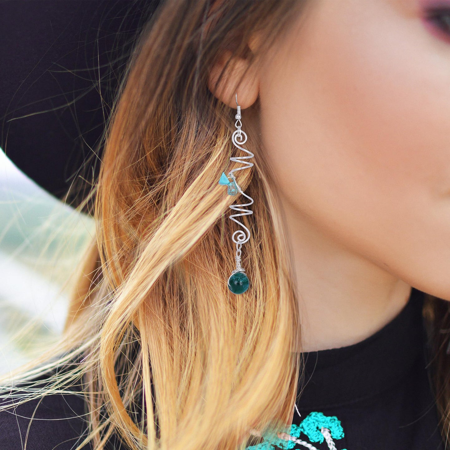 FRESHME Green Crystal Hair Jewelry for Braids Kit - 8 Pcs Green Natural Stone Hair Braid Accessories with Dark Green Bead Earrings Sets Silver Spirals Rings Dreadlock Decoration