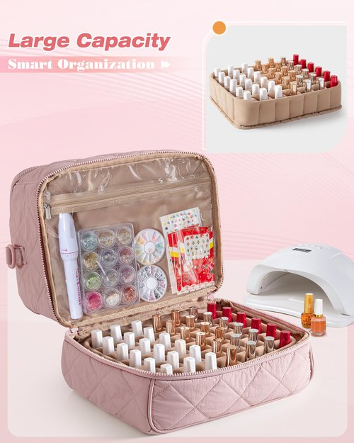 Marscamd Quilted Nail Polish Organizer Bag Holds 42 Bottles and Nail Lamp, Nail Polish Storage Case with Crossbody Straps and Multiple Pockets, Pink