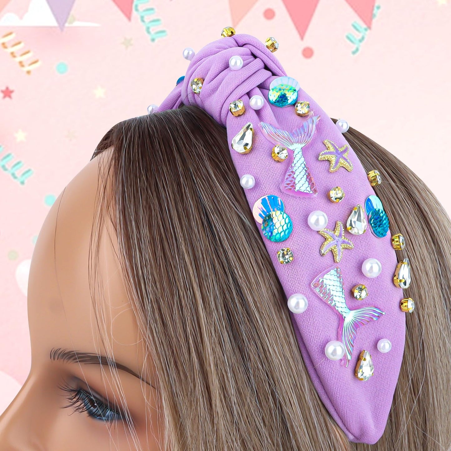 BAHABY Mermaid Purple Headband, Knotted Headband for Women, Mermaid Tail Rhinestones Pearl Starfish Decor, Mermaid Birthday Decorations, Gifts for Teen Girls