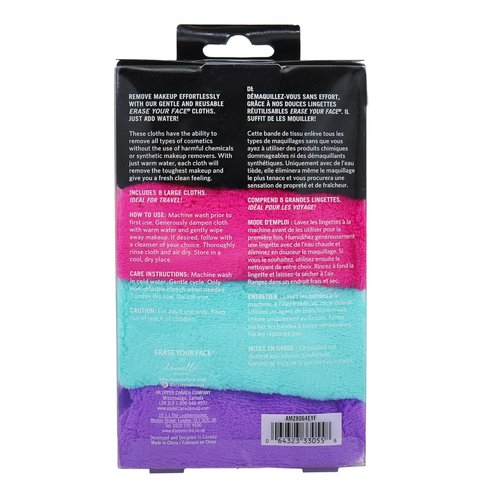 ERASE YOUR FACE Makeup Remover Cloths - Reusable Microfiber Towels for Effortless Makeup Removal - Dual-Sided, Water Activated, 8 Count