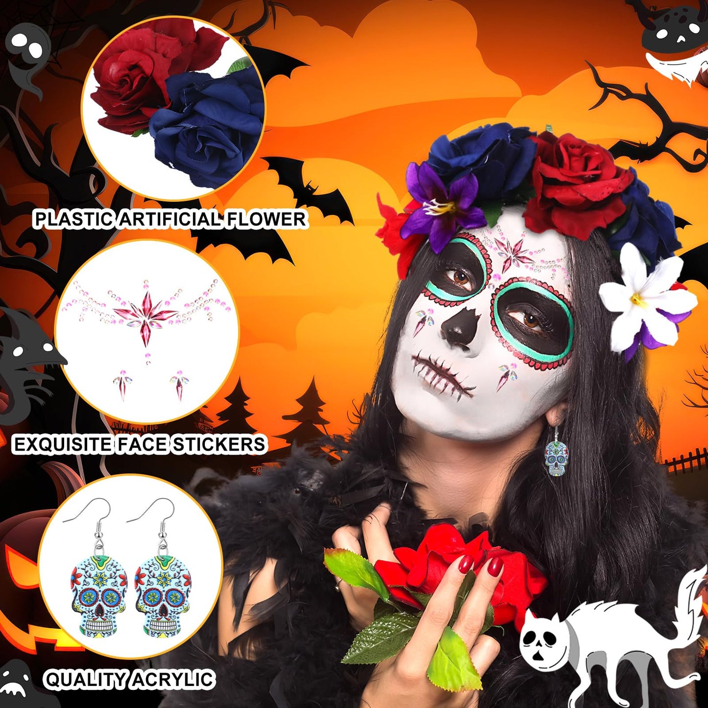 Riceshoot 3 Pcs Day of the Dead Costumes Accessories for Women Halloween Headbands Skull Earrings Gems(Blue Hue)