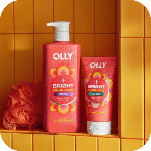 OLLY Bright Body Scrub - Nourishing Exfoliating Cleanser with Ginseng & Caffeine | Citrus Currant, 6 oz