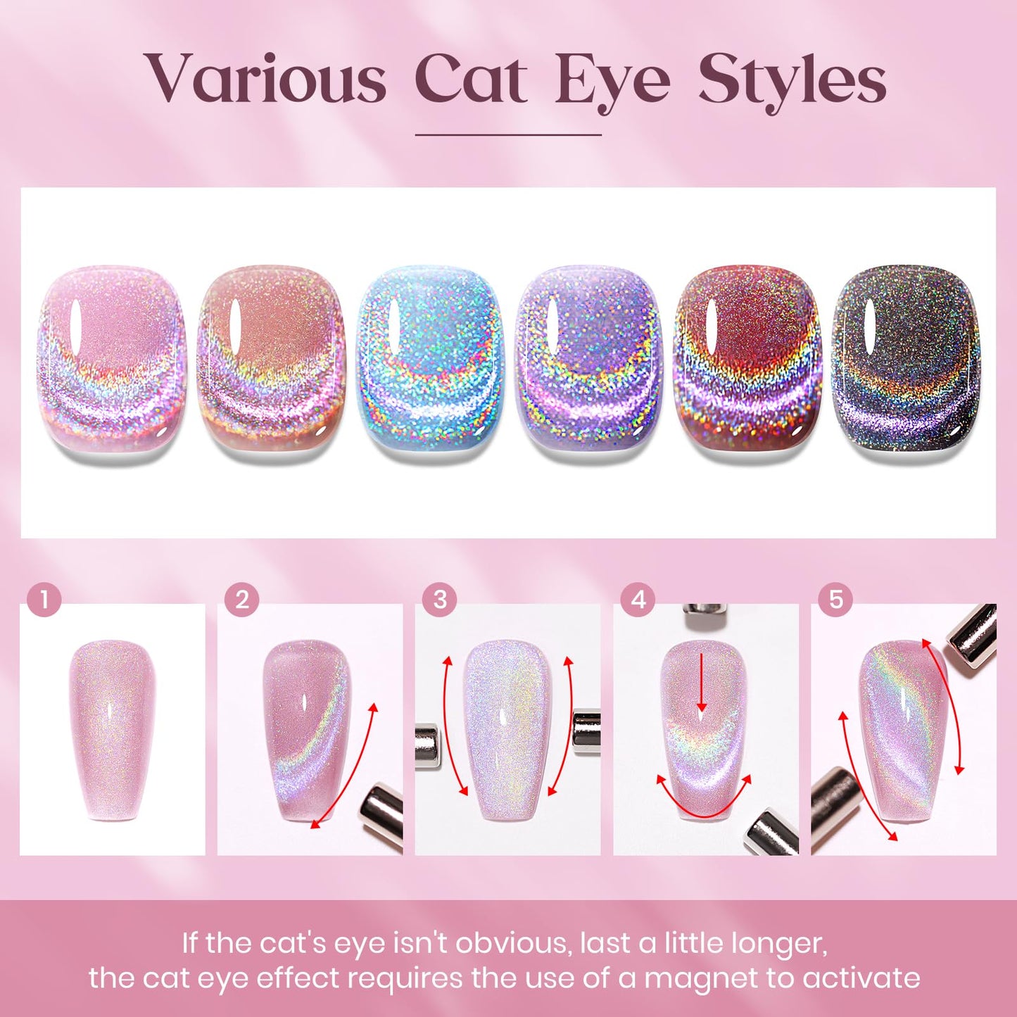 MIZHSE Cat Eye Gel Nail Polish: Glitter Rainbow Holographic Gel Polish with Magnet, Reflective Translucent UV Gel for Nail Salon Home DIY, Pink Rainbow 10Ml