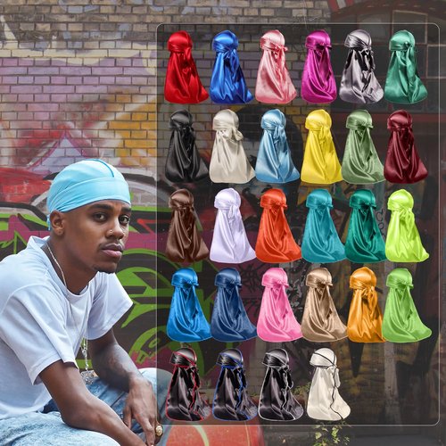 ForceWave Silky Durag for Men Wave Cap Satin Dorag for Men Women 360 Wave (Black with Blue Seam)