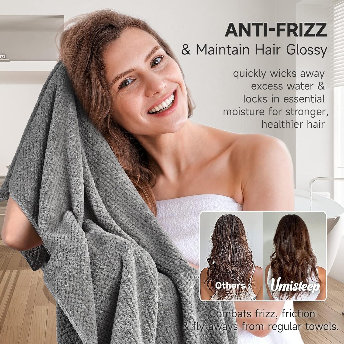 Umisleep Extra Large Microfiber Hair Towel - Super Soft Anti-Frizz Quick Dry Wrap for Long, Curly Hair | Grey