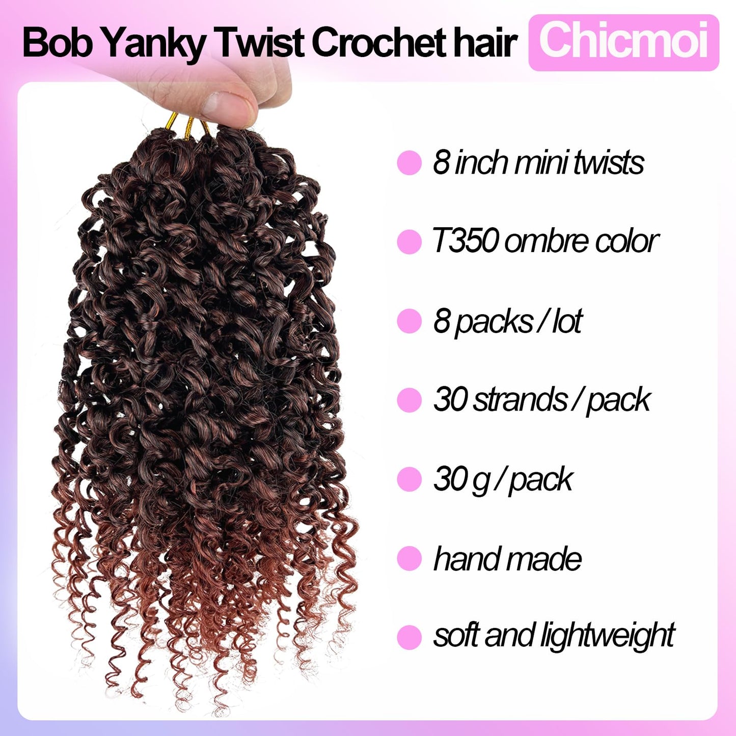 Yanky Twist Crochet Hair Pre Looped 8 Inch Mini Twist Crochet Braids Hair 1B 350 Ombre Red Copper Micro Senegalese Twists crochet hair Pre-looped Synthetic Curly Braiding Hair Extension