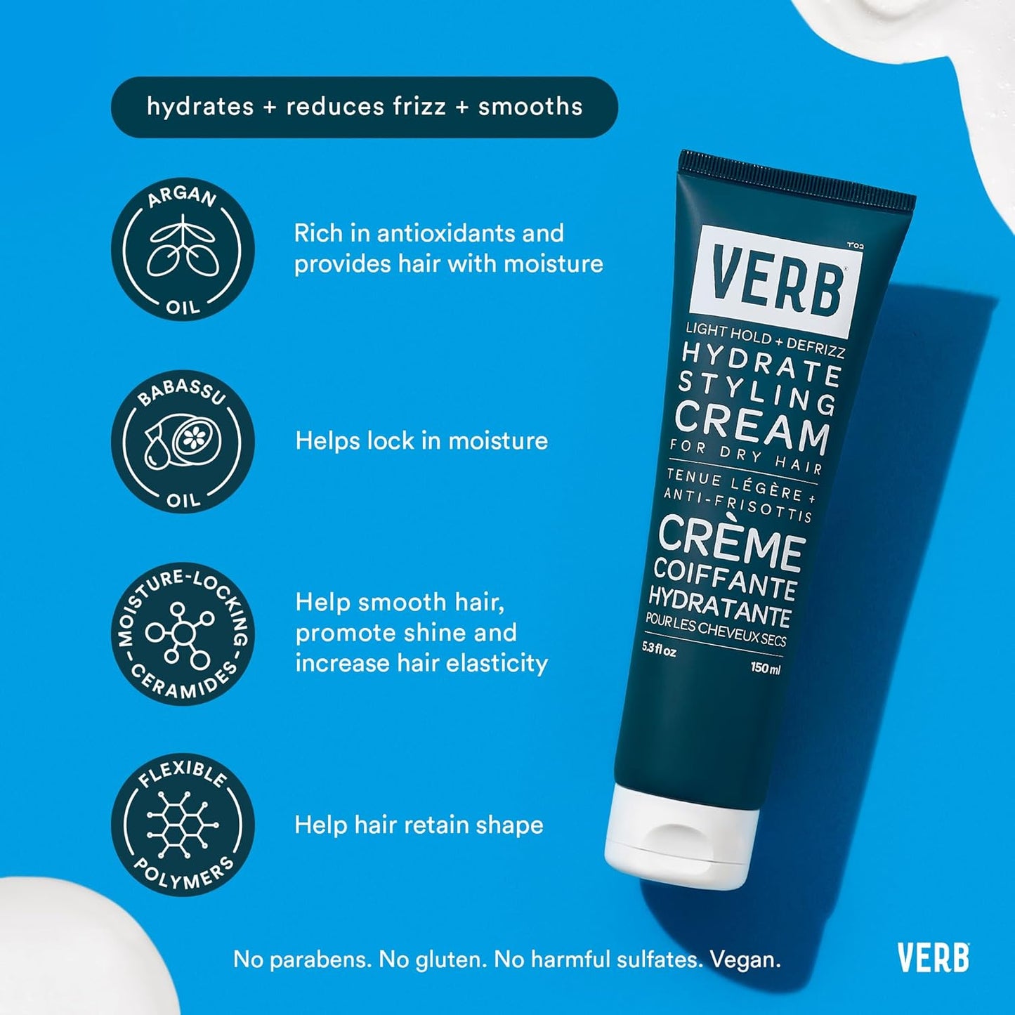 VERB Hydrate Styling Cream - Smooths Frizz & Moisturizes Dry Hair - Amber & Warm Jasmine Scent