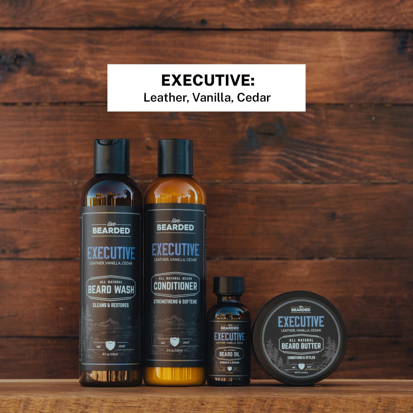 Live Bearded Complete Beard Grooming Kit - Wash, Conditioner, Butter and Oil - Made in the USA with All-Natural Ingredients - Mens Groom Set | Executive Scent - Cedar, Vanilla