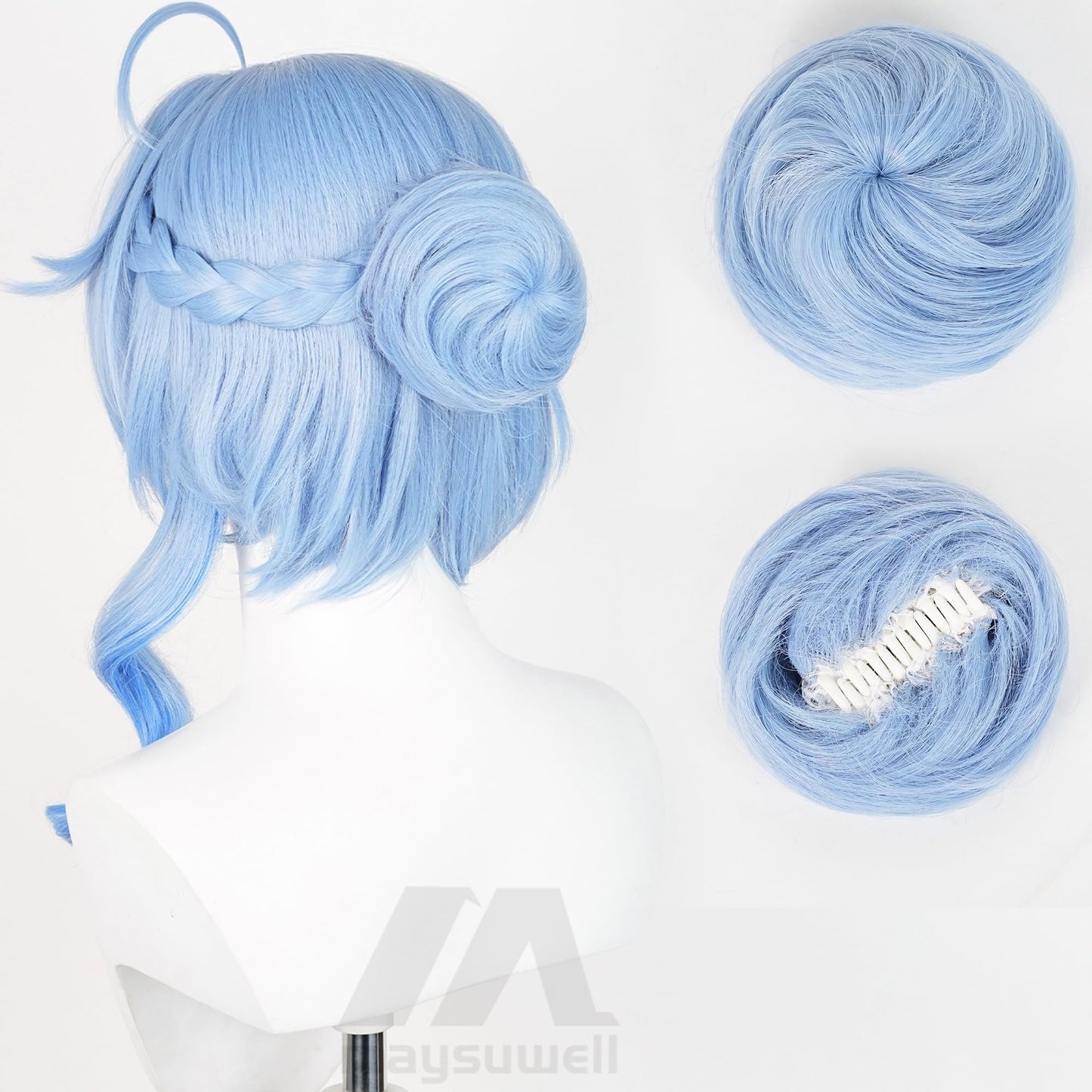 Genshin Impact Cosplay Wig for Ganyu Twilight Blossom Anime Wigs Short Blue Wavy Bun Hair Synthetic Fabric with Bangs for Women Comic Con, Cosplay Show, Halloween