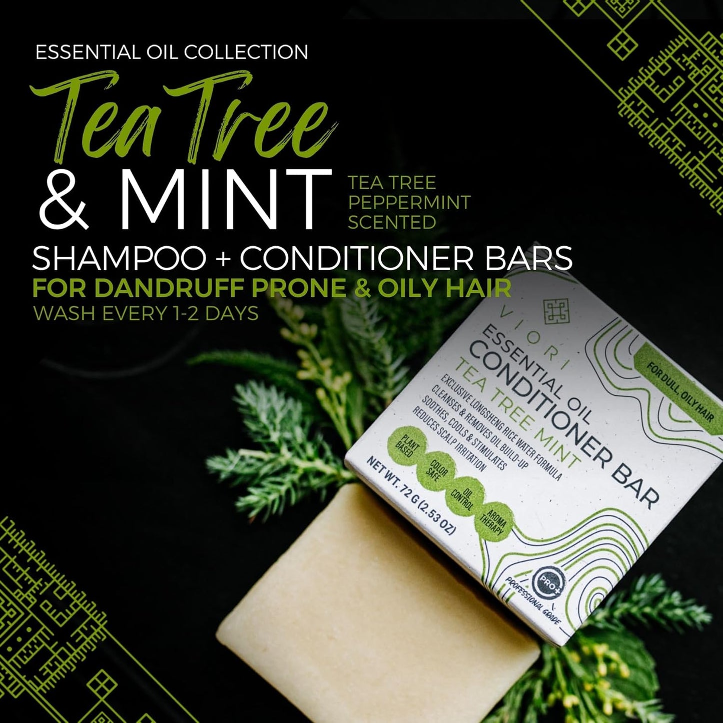 Viori Tea Tree Mint Conditioner Bar - Handcrafted Organic Formula with Rice Water for Nourished Hair