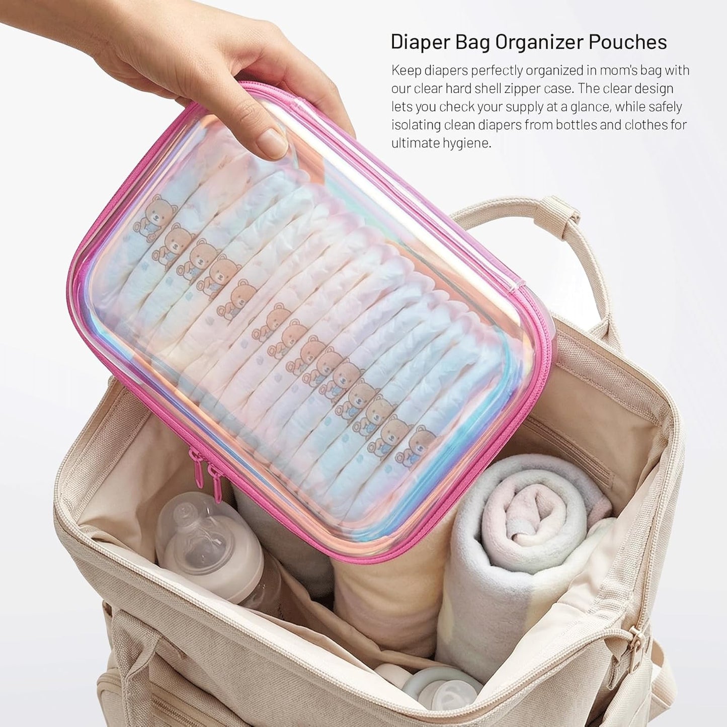 Skiennix Clear Hard Shell Zipper Case - Iridescent Makeup & Toiletry Bag Set | 2pcs Large Capacity, Water-Resistant