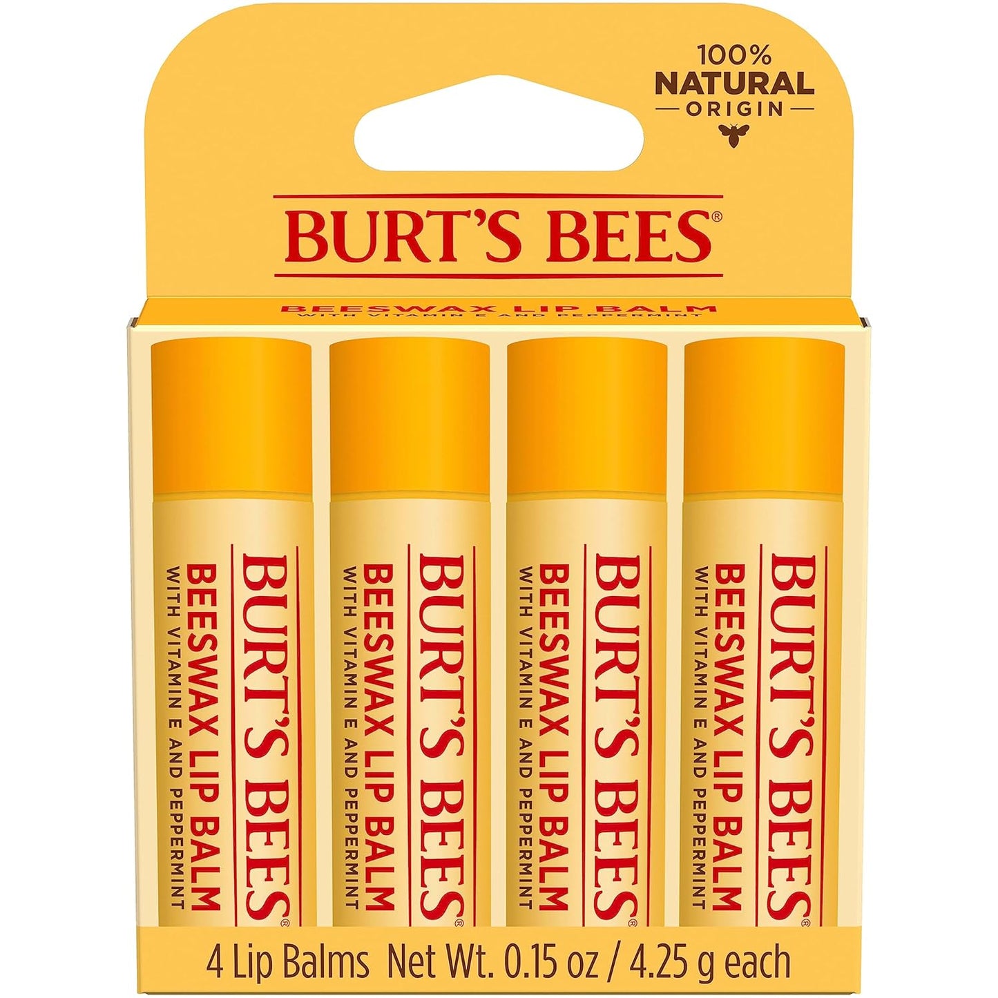 Burt's Bees Lip Balm - Original Beeswax, Lip Moisturizer With Responsibly Sourced Beeswax, Tint-Free, Natural Origin Conditioning Treatment, 4 Tubes, 0.15 oz.
