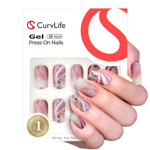 Curvlife Press on Nails Acrylic Fake Nails with Long Square Shell Design Full Cover False Nail Tips for Women Reusable Nail Kit with Nail Glue Adhesive Tabs