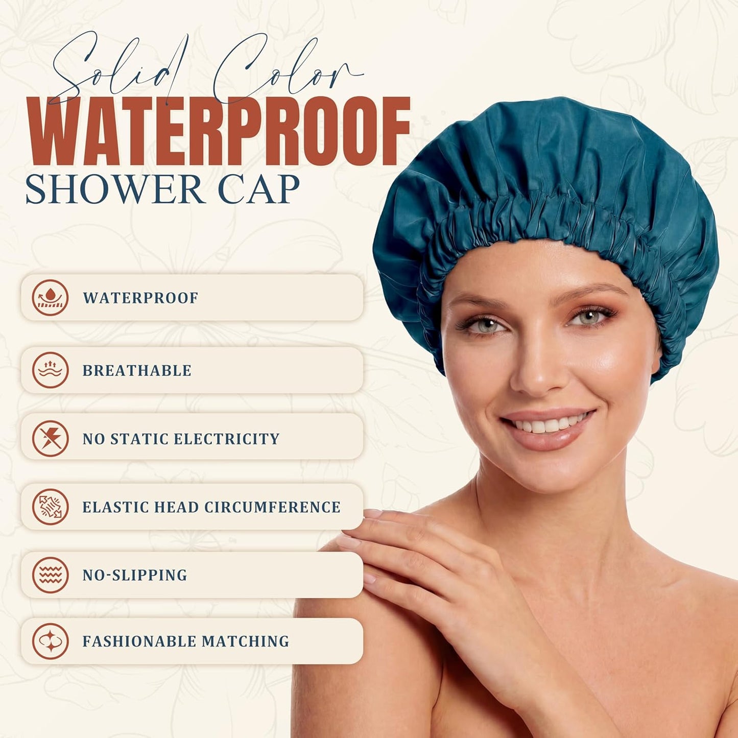 Skiennix Reusable Shower Cap - Stylish Waterproof Bonnet with Wide Elastic Band for Long Hair | Blue Zircon