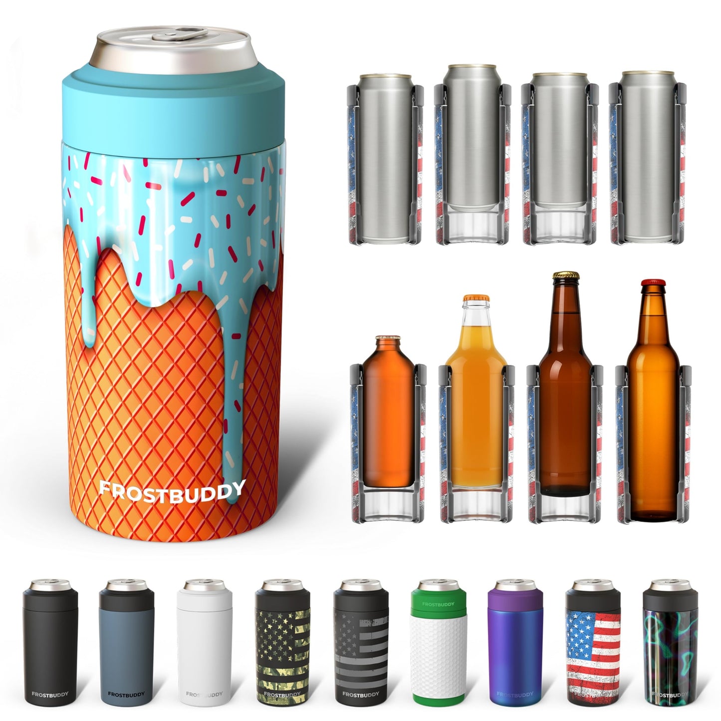 Frost Buddy Universal Buddy Can Cooler - Fits All - For Regular 12 & 16 oz or Slim-Size Bottles - Insulated Double -Walled Stainless Steel (All white)