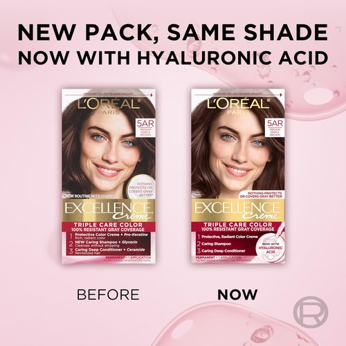 L'Oreal Paris Excellence Crème Permanent Hair Dye, Triple Care Hair Color with Hyaluronic Acid for 100% Gray Coverage, 5AR Medium Maple Brown, 1 Kit (Packaging May Vary)