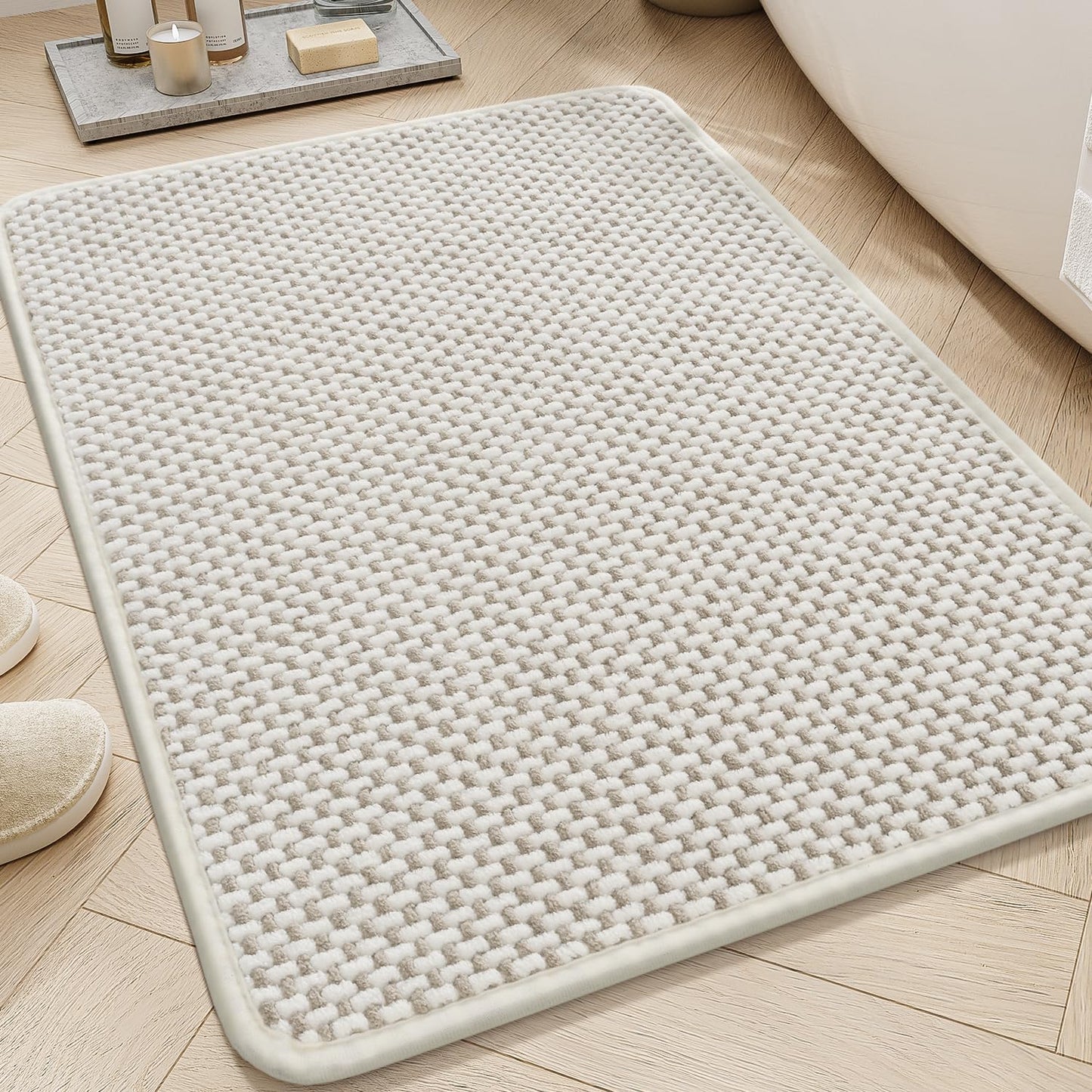 AMOAMI Chenille Bath Mat - Super Absorbent & Quick Dry | Non-Slip Rubber Backed, 17"x24", Beige & White