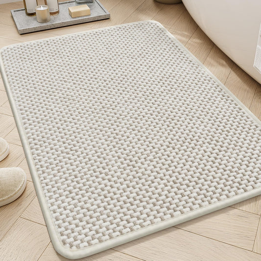AMOAMI Chenille Bath Mat - Super Absorbent & Quick Dry | Non-Slip Rubber Backed, 17"x24", Beige & White
