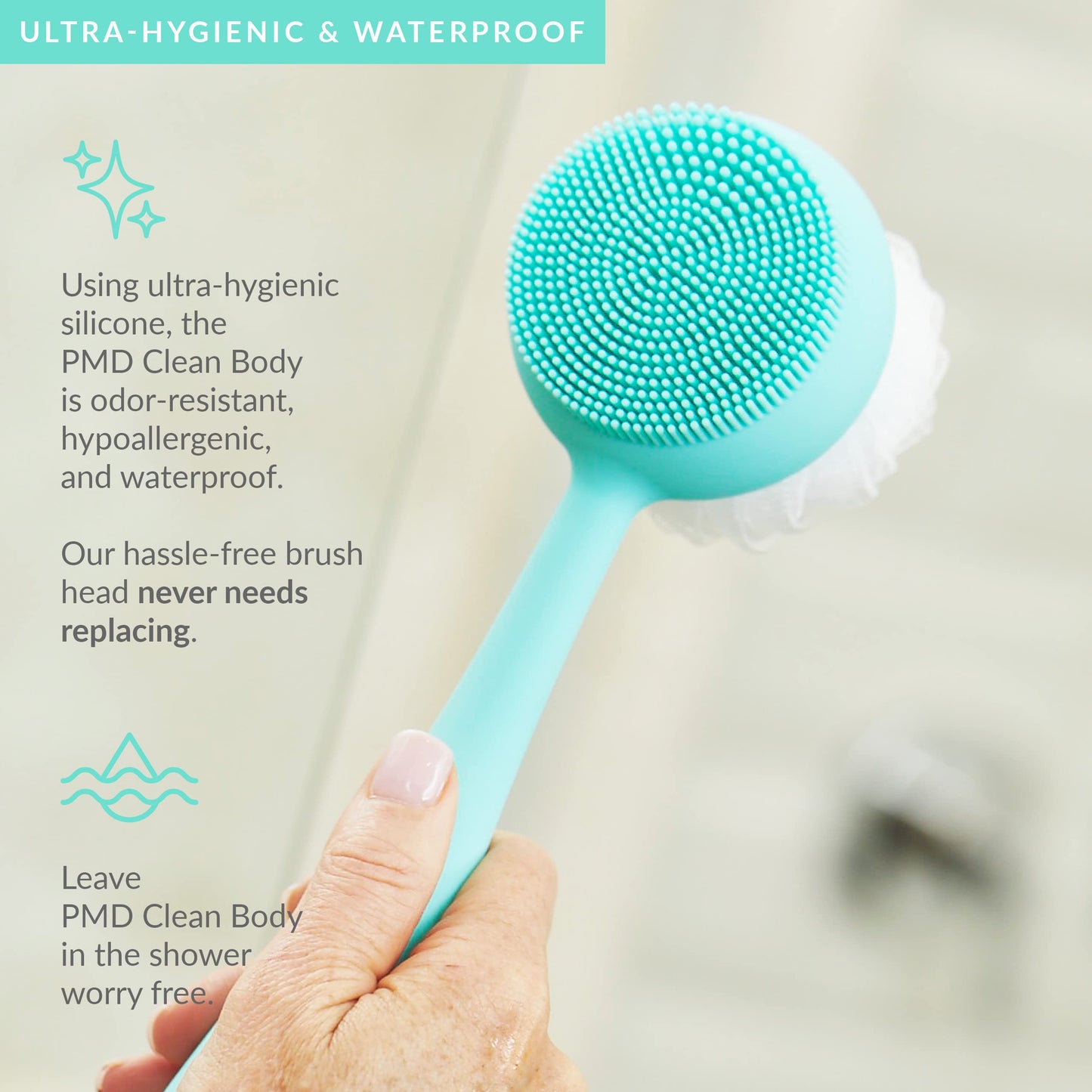PMD Beauty Clean Body - Smart Body Cleansing Device with Silicone Brush & Three Interchangeable Attachments - Waterproof - SonicGlow Vibration - Cleanse,Exfoliate,& Massage Body