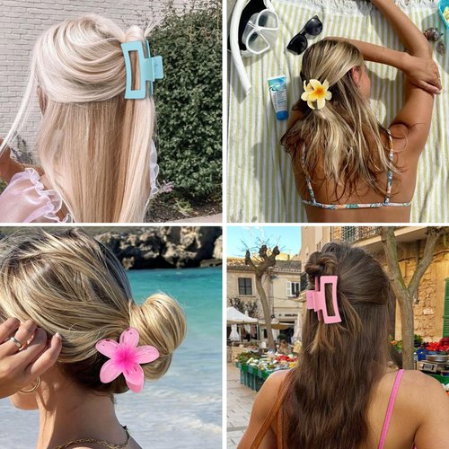 Flower Hair Clips for Women Square Claw Clips for Girls 2 Styles Hair Claw Clips for Thick or Thin Hair 6 PCS Hawaiian Hibiscus Rectangle Large Plumeria Medium Hair Accessories for Women (Pink)