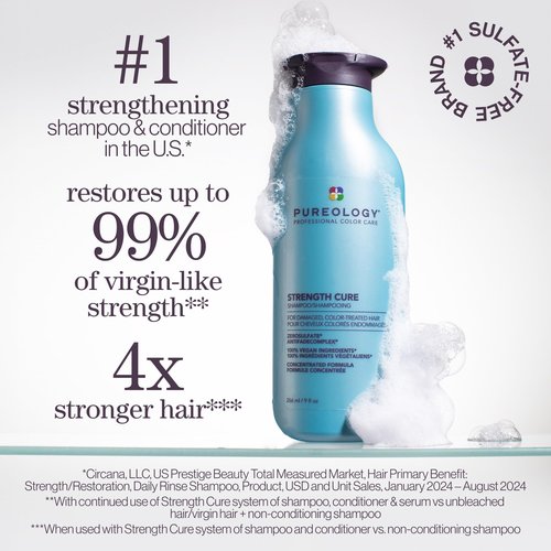 Pureology Strength Cure Shampoo - For Damaged or Color Treated Hair, Hair Strengthening & Prevents Breakage, Seals Split Ends, Vegan & Sulfate-Free
