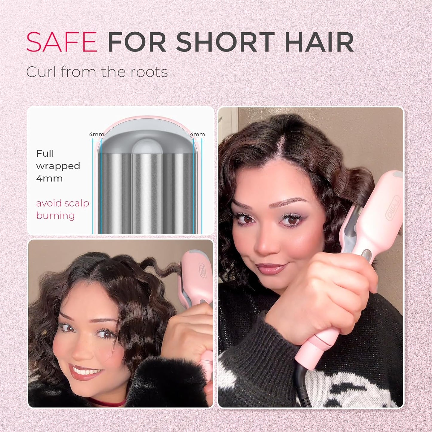 TYMO ROVY Curling Iron - Ionic 3-Barrel Hair Waver for Beach Waves, Anti-Scald, Pink, 1 Inch