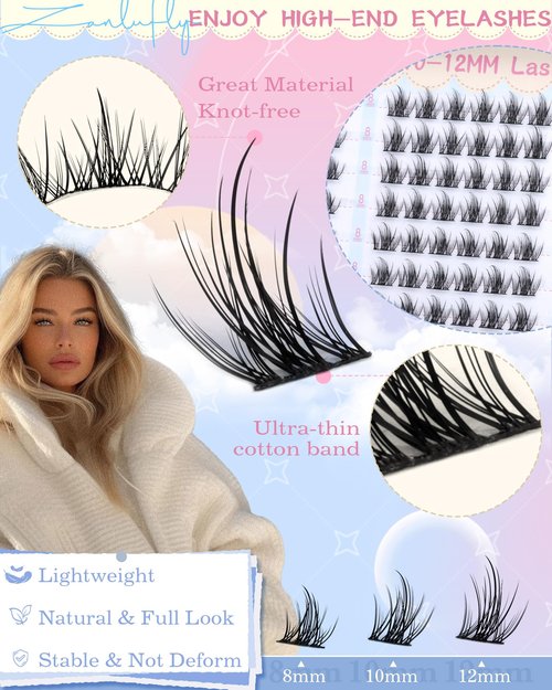 Natural Lash Clusters Kit 8-10-12mm Short Eyelash Clusters Kit Wispy Cluster Eyelash Extensions C Curly Individual Lash Extensions DIY Eyelash Extension with Lash Bond and Seal, Tweezers by ZANLUFLY