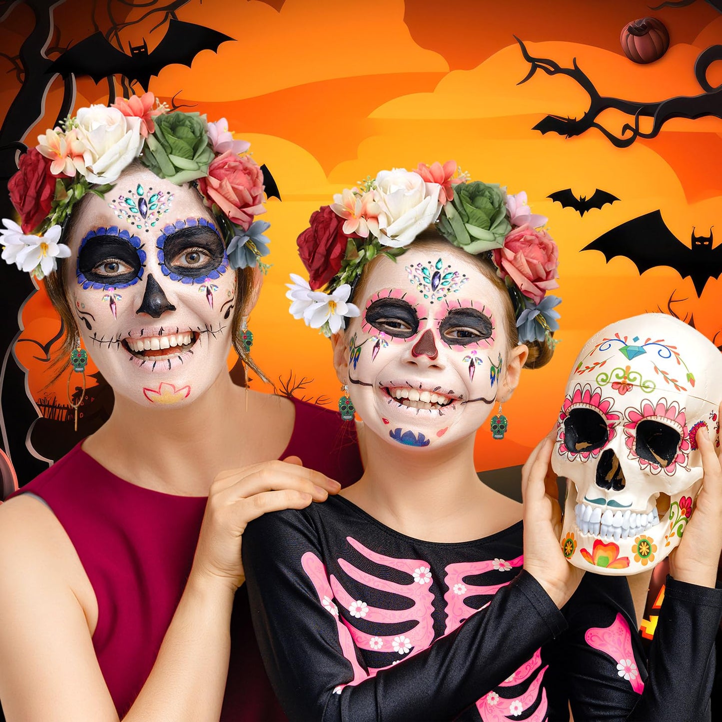 Riceshoot 3 Pcs Day of the Dead Costumes Accessories for Women Halloween Headbands Skull Earrings Gems(Colorful Hue)