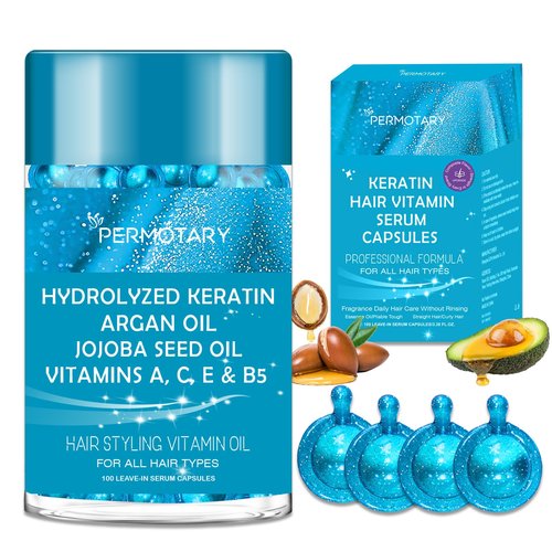 100 Capsules Hair Styling Serum with Keratin, Hair Treatment Oil for Frizzy Hair, Hair Serum with Vitamins A, C, E & B5, Argan Avocado Oil for All Hair Types, Leave-in Conditioner for Women & Men