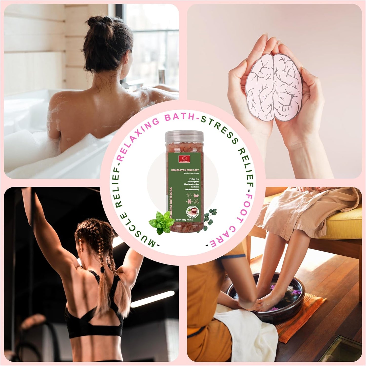CATMERICA Pink Himalayan Bath Salt - Eucalyptus & Mint Scent for Aromatherapy & Relaxation | Wellness & Muscle Recovery