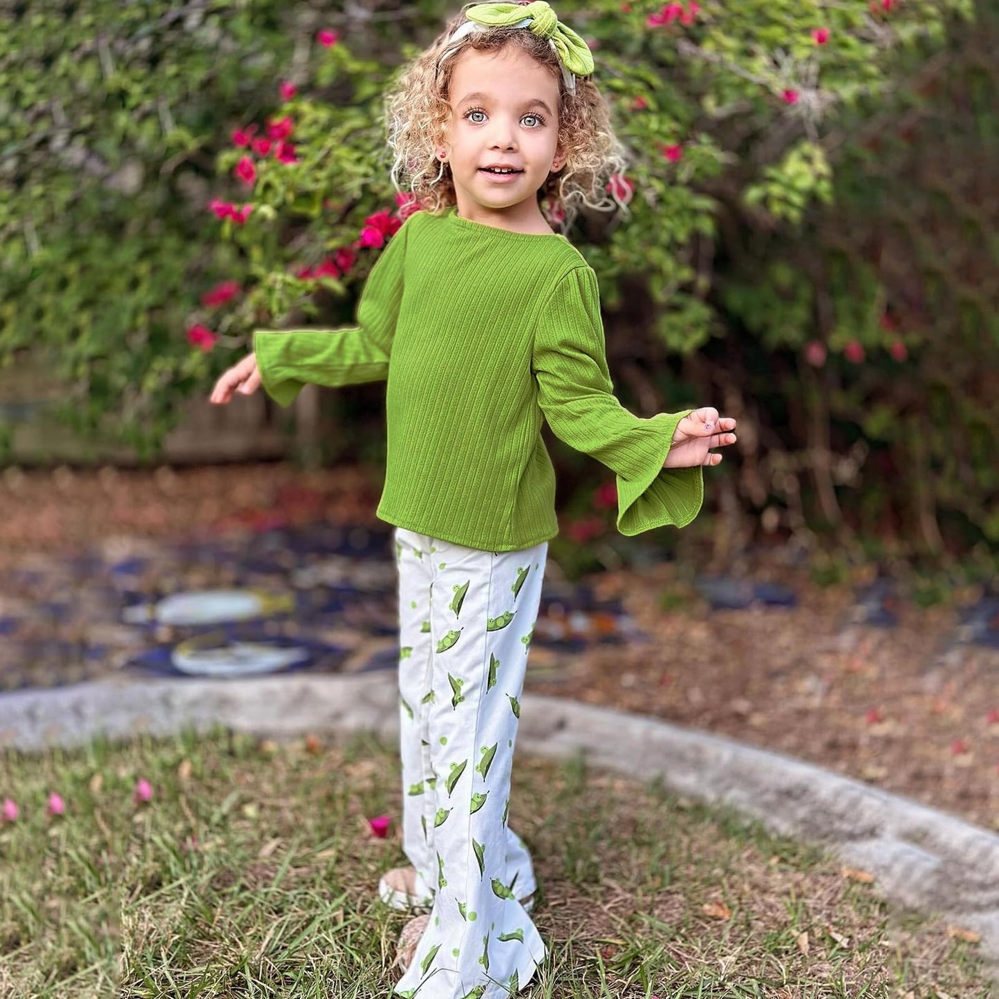 Sosomi Toddler Girl Clothes Set 5T Baby Fall Outfits Cute Green Shirt Top + Leggings Flare Pants Fashion Floral leggings Kids Costume Winter Little Girls Long Sleeve Clothing Sets T shirts Headband