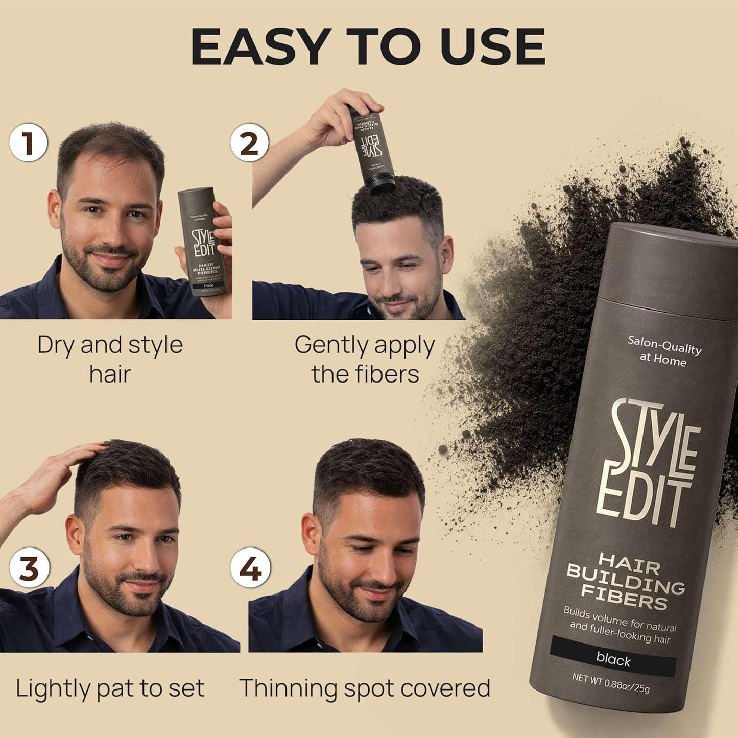 Style Edit Hair Building Fibers - Conceal Thinning Hair & Bald Spots | Plant-Based Thickening Powder, Black 0.88oz