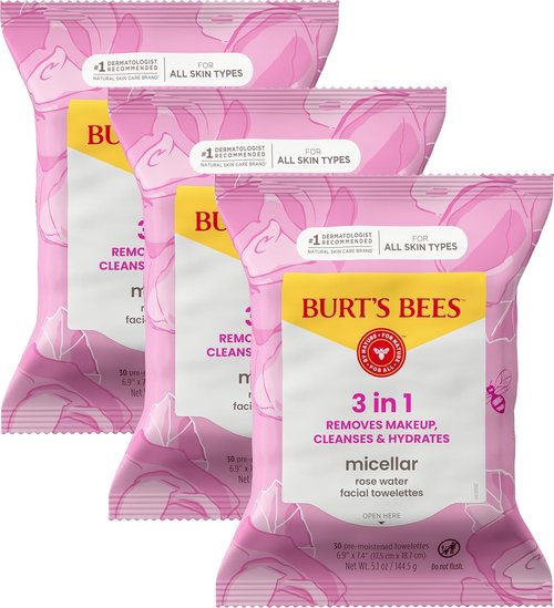 Burt’s Bees Micellar Rose Water Facial Towelettes - 100% Plant-Based Cloth, 30 Ct, Pack of 3 | Cleanse & Hydrate All Skin Types