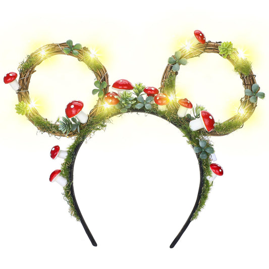 VISSTREE Handmade Light Up Mushroom Flower Mouse Ears Costume Headdress, Birthday Wedding Halloween Woodland Photography Costume Prop for Women Girls