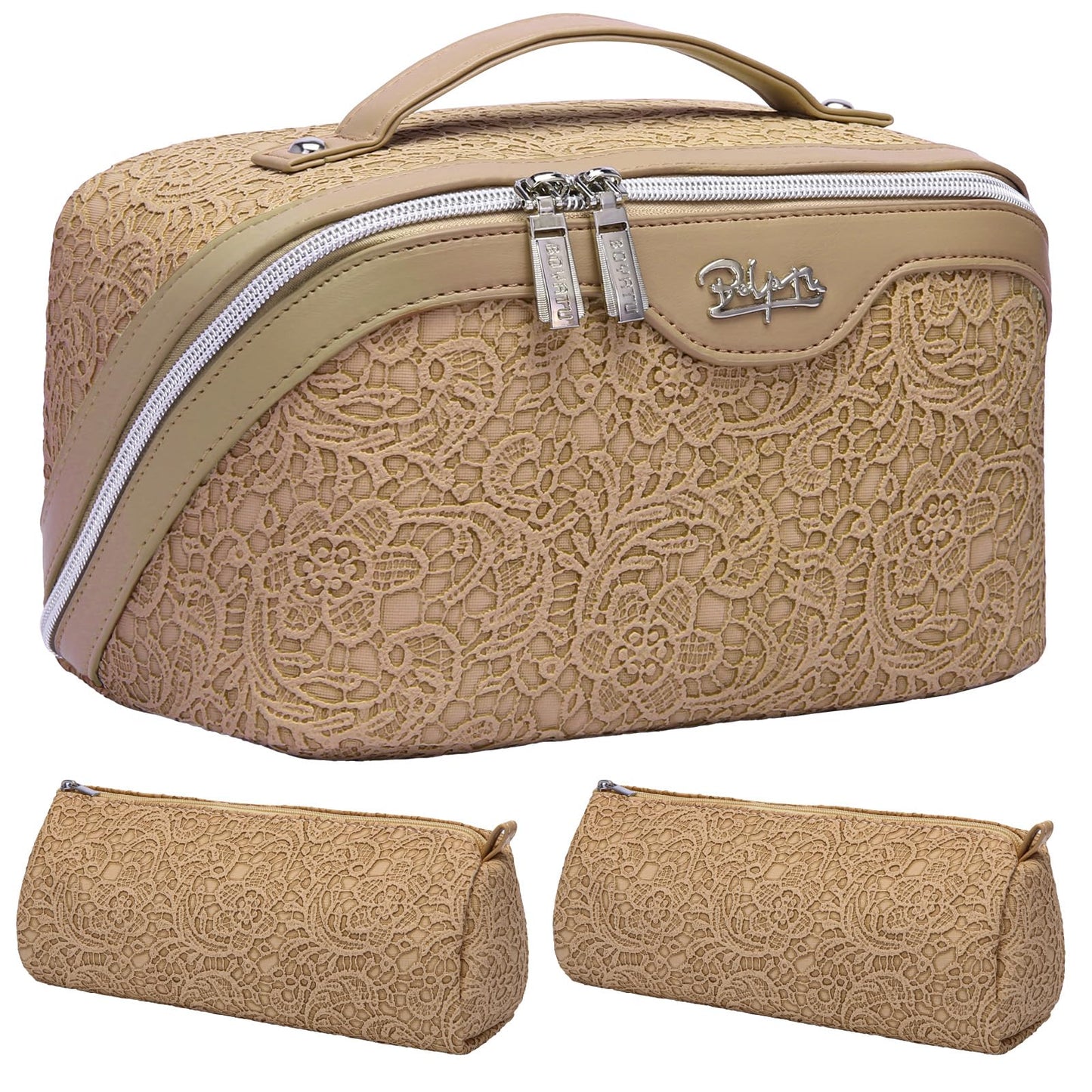 BOYATU Travel Makeup Bags Cosmetic Organizer Bag: 3-Set Large Capacity Make up Bag - PU Leather Toiletry Bags for Women - Wide Open Portable Pouch with Divider & Handle (03-Straw Yellow)