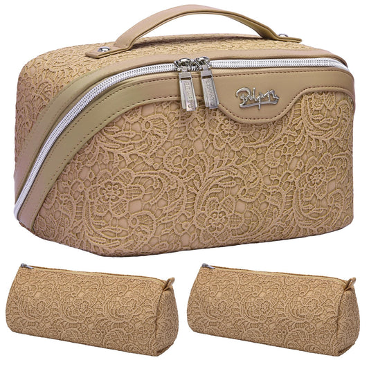 BOYATU Travel Makeup Bags Cosmetic Organizer Bag: 3-Set Large Capacity Make up Bag - PU Leather Toiletry Bags for Women - Wide Open Portable Pouch with Divider & Handle (03-Straw Yellow)