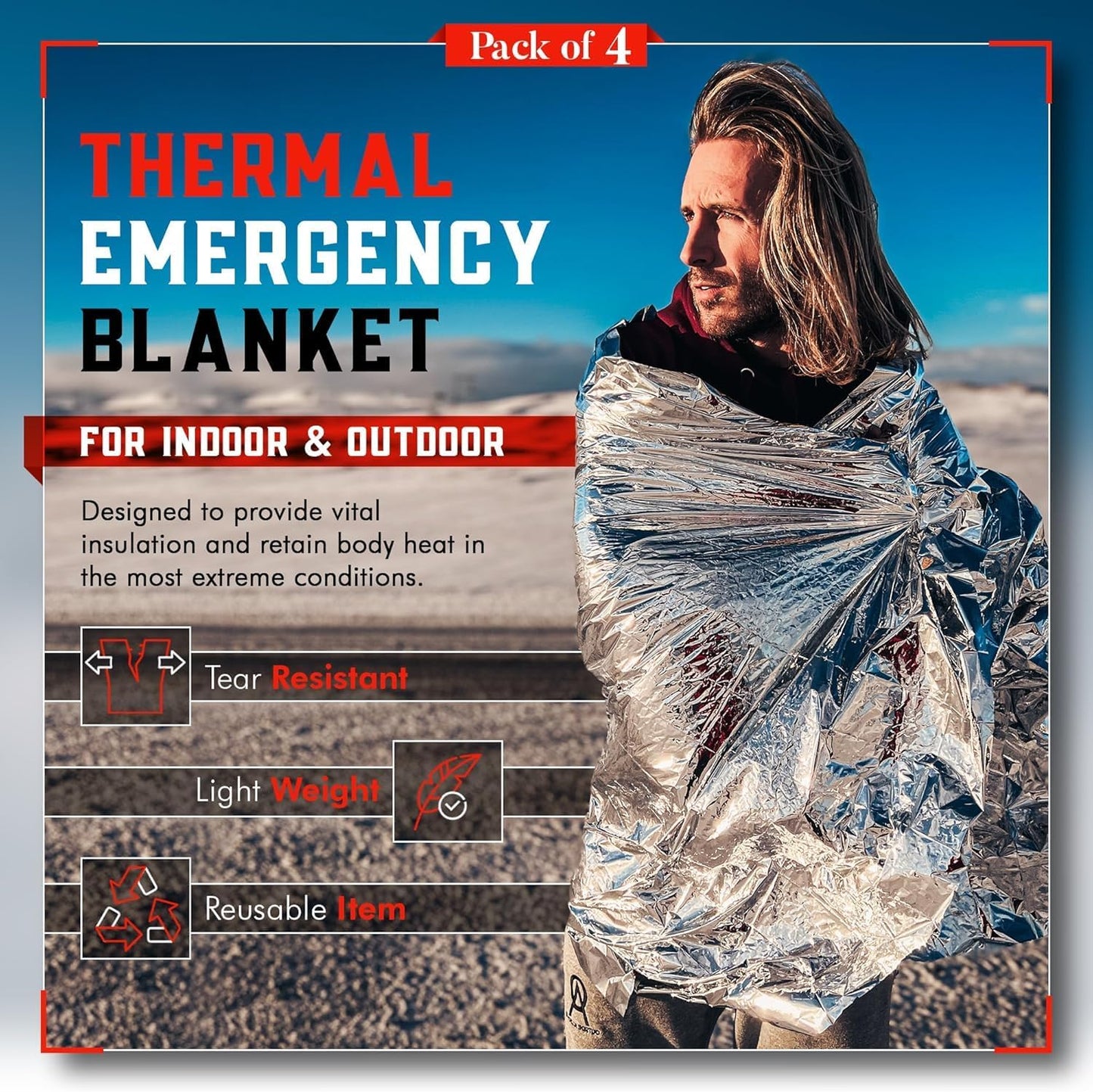 Skiennix Emergency Blanket 4-Pack | Mylar Thermal Survival Gear for Camping & First Aid