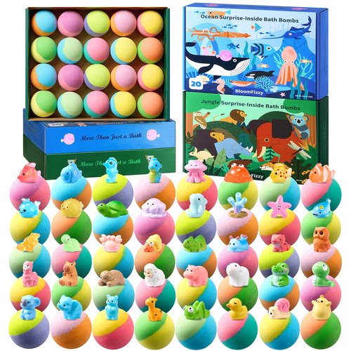 40 Kids Bath Bombs with Surprise Inside, Easter Basket Stuffers for Kids, Ocean & Jungle Animal Toys Gift Set with Natural Child-Safe Ingredients, Travel-Friendly Bath Bombs for Boys and Girls