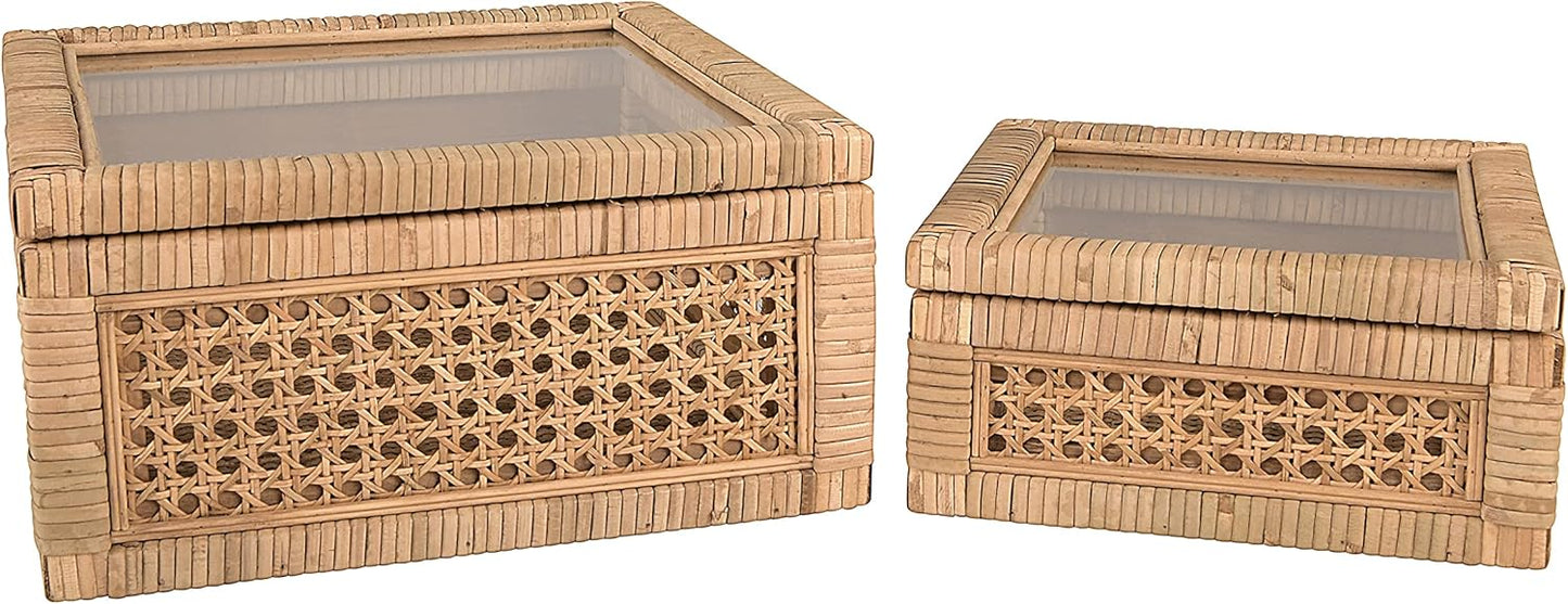Creative Co-Op Decorative Woven Rattan & Wood Display Boxes - Set of 2 with Glass Top, Natural Finish