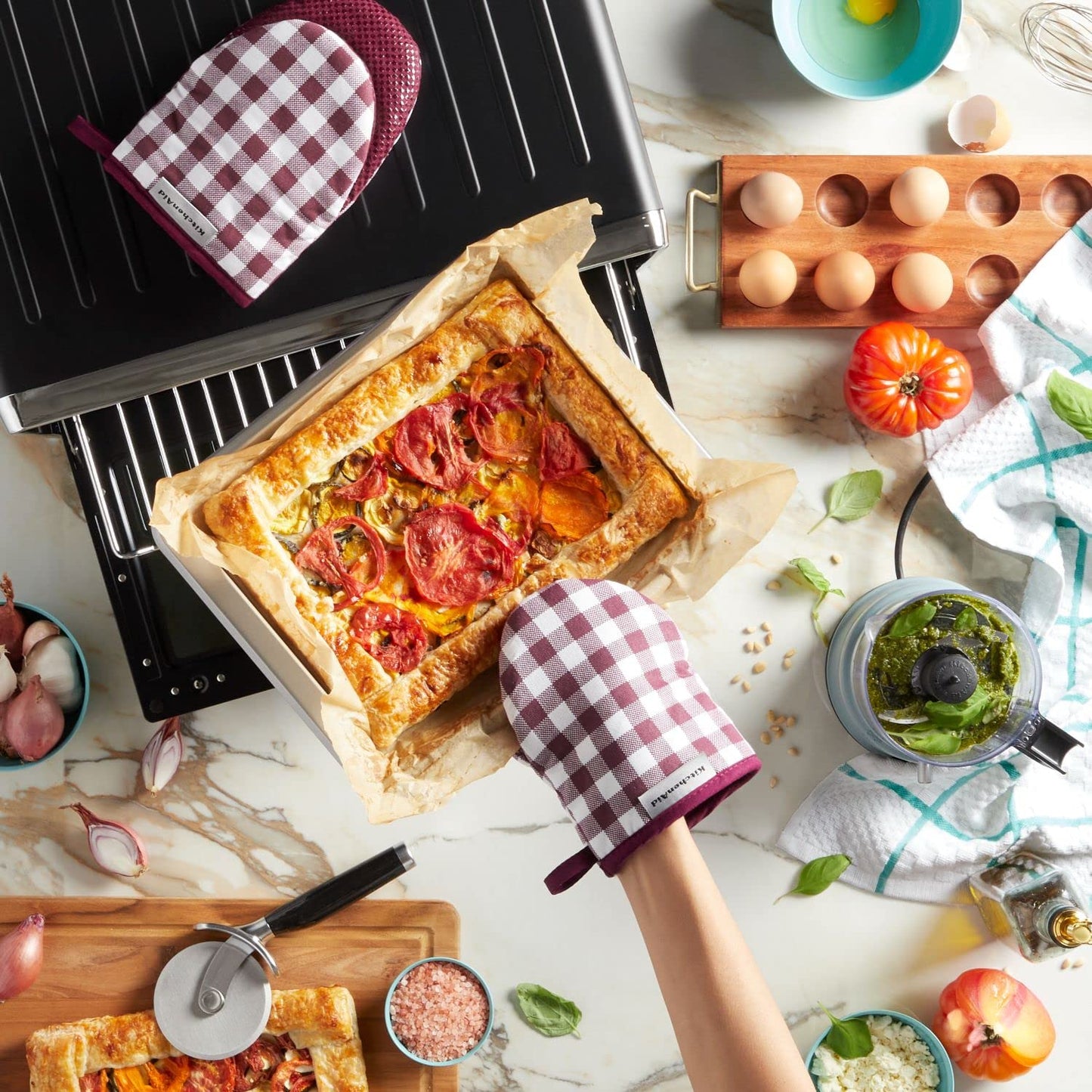 KitchenAid Gingham Mini Oven Mitt 2-Pack Set, Blue Velvet, 5.5"x8"