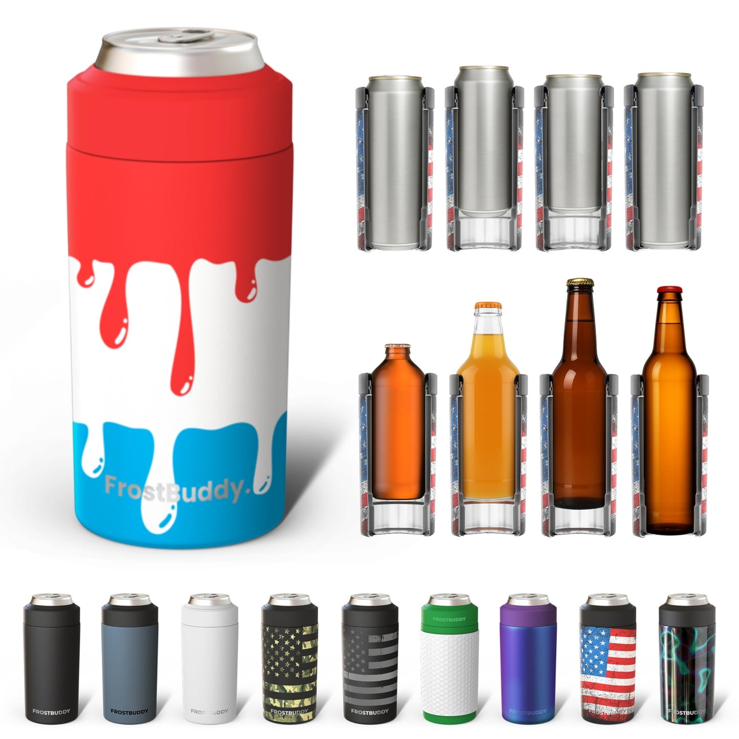Frost Buddy Universal Buddy Can Cooler - Fits All - For Regular 12 & 16 oz or Slim-Size Bottles - Insulated Double -Walled Stainless Steel (All white)