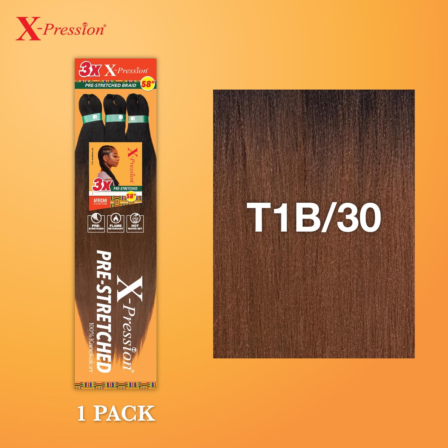 Sensationnel Xpression prestretched braiding hair - 3x xpression 58-inch flame retardant smooth yaki braid - 3x x-pression 58 inch (1 pack, T1B/30)