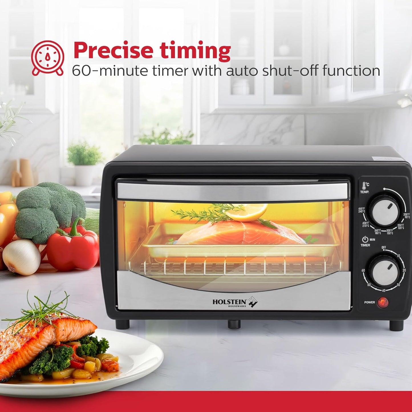 Holstein Housewares 4-Slice Toaster Oven - Compact Design with 60-Minute Timer | Includes Pan & Wire Rack in Sleek Black