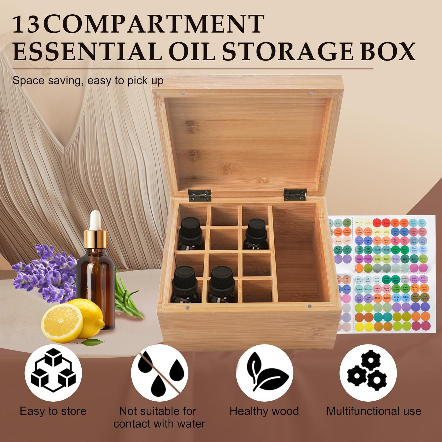 Pure Vie Wooden Essential Oil Storage Box Travel Organizer Case with Bottle Cap Label - Aromatherapy Nail Polish Fragrance Container, Holds 13 Bottle for 5-30ml - Keep Scented Oil Safe & Space Saver