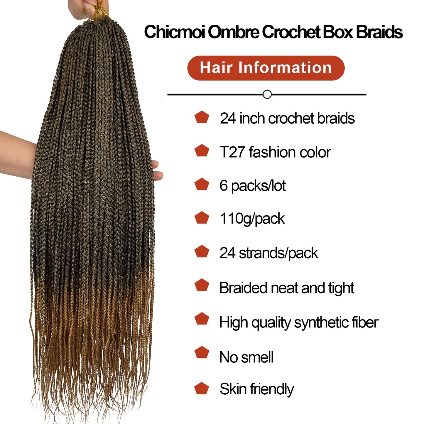 Chicmoi Pre Looped Crochet Box Braids 24 Inch T27 Ombre Honey Blonde Box Braids Crochet Hair 1/3 Inch Wide Small Prelooped Crochet Braids Hair for Black Women (24in 6pack, T27)