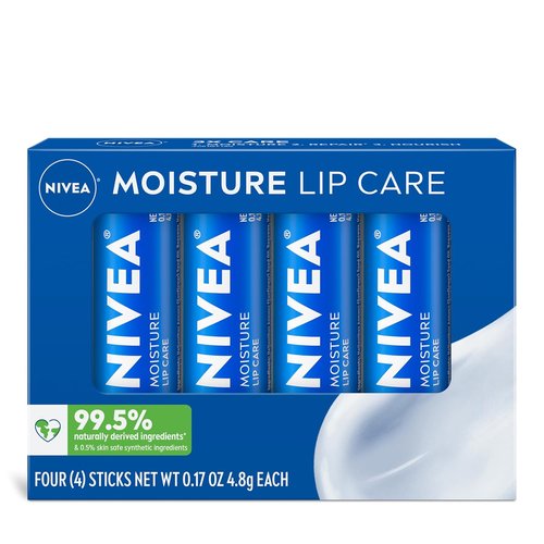 NIVEA Moisture Lip Care - Hydrating Lip Balm with Shea Butter & Nourishing Oils | 3-in-1 Moisture, 0.17 Oz Stick, Pack of 4